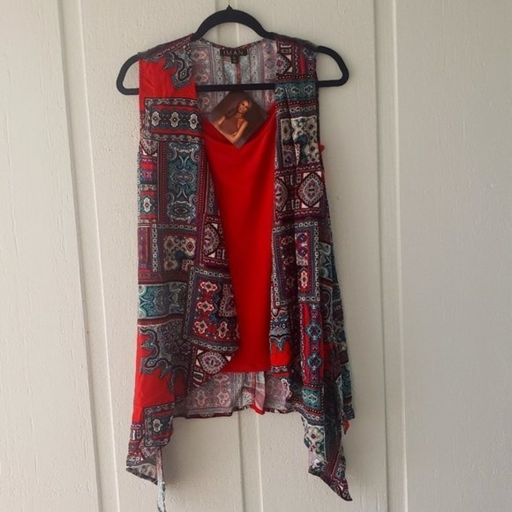 IMAN Global Chic Vest Sleeveless Open Front Paisley Print Red XS